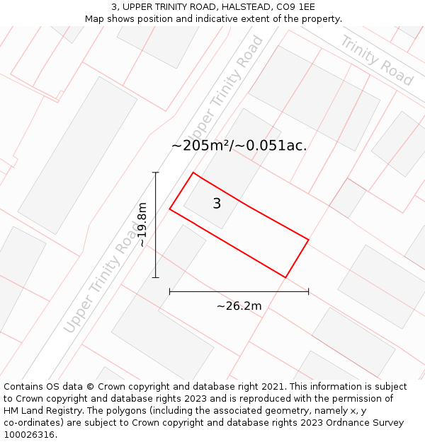3, UPPER TRINITY ROAD, HALSTEAD, CO9 1EE: Plot and title map