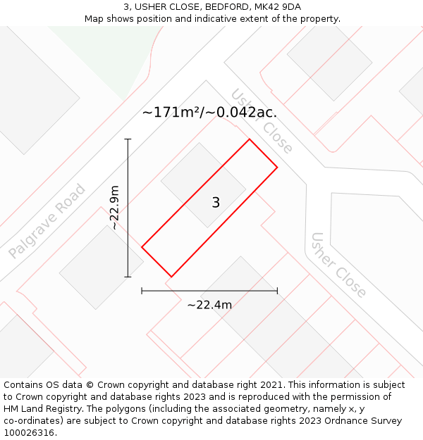 3, USHER CLOSE, BEDFORD, MK42 9DA: Plot and title map