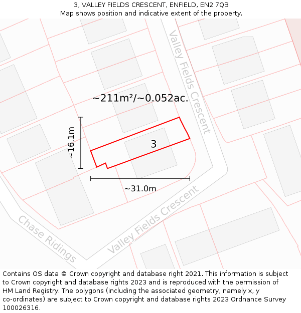 3, VALLEY FIELDS CRESCENT, ENFIELD, EN2 7QB: Plot and title map