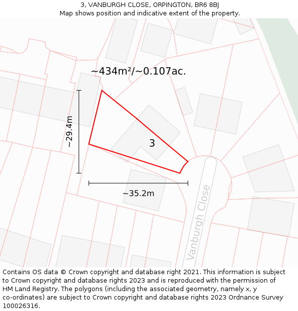 3, VANBURGH CLOSE, ORPINGTON, BR6 8BJ: Plot and title map