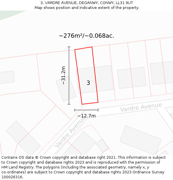 3, VARDRE AVENUE, DEGANWY, CONWY, LL31 9UT: Plot and title map