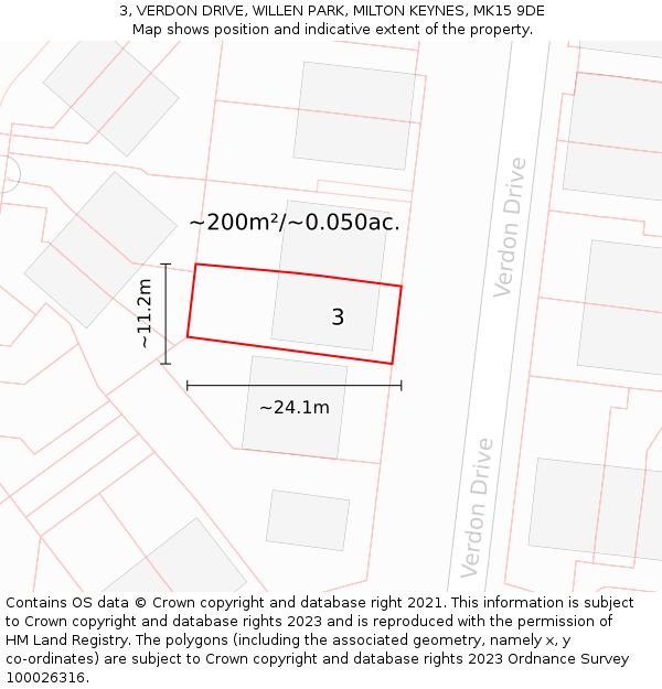 3, VERDON DRIVE, WILLEN PARK, MILTON KEYNES, MK15 9DE: Plot and title map