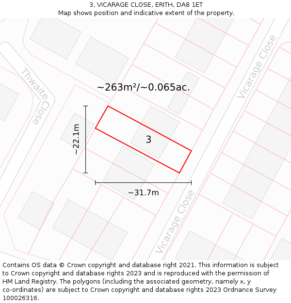 3, VICARAGE CLOSE, ERITH, DA8 1ET: Plot and title map