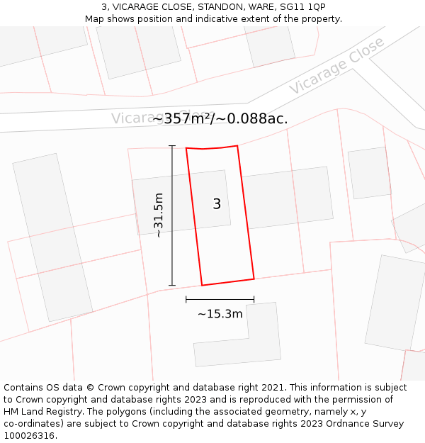3, VICARAGE CLOSE, STANDON, WARE, SG11 1QP: Plot and title map