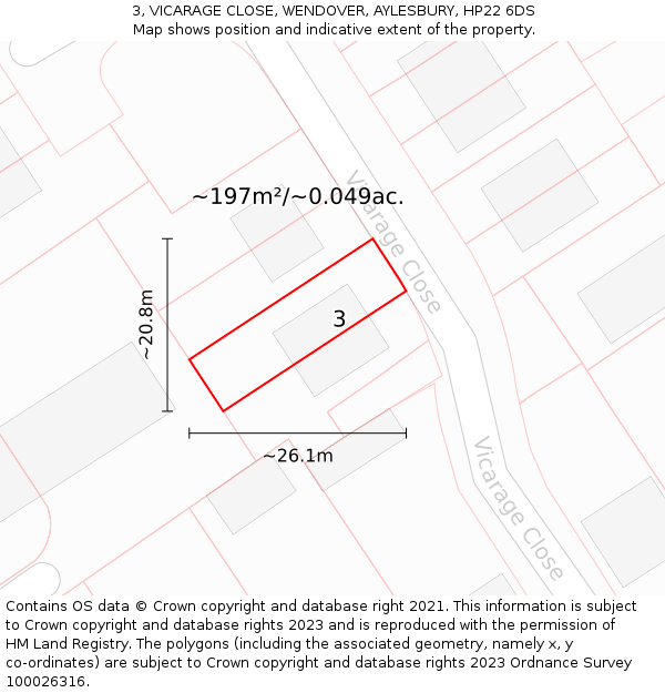 3, VICARAGE CLOSE, WENDOVER, AYLESBURY, HP22 6DS: Plot and title map