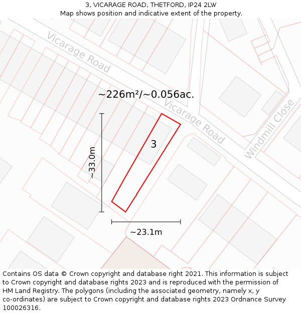 3, VICARAGE ROAD, THETFORD, IP24 2LW: Plot and title map