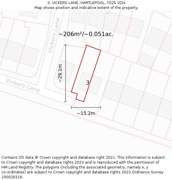 3, VICKERS LANE, HARTLEPOOL, TS25 2DN: Plot and title map