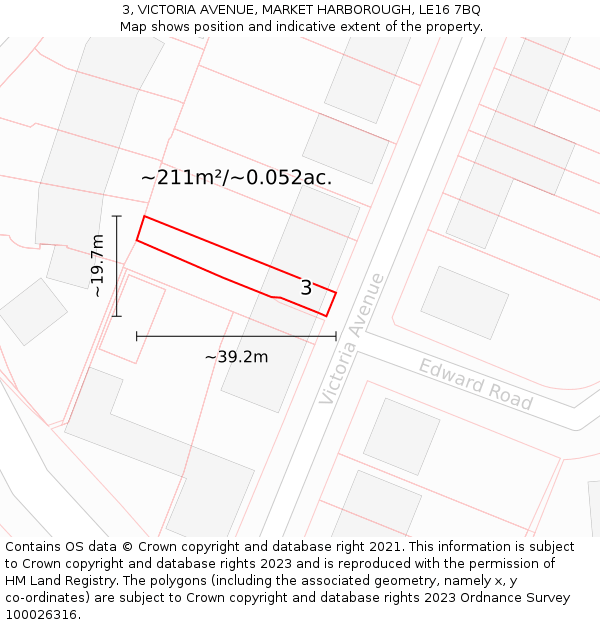 3, VICTORIA AVENUE, MARKET HARBOROUGH, LE16 7BQ: Plot and title map