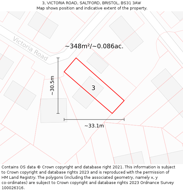 3, VICTORIA ROAD, SALTFORD, BRISTOL, BS31 3AW: Plot and title map