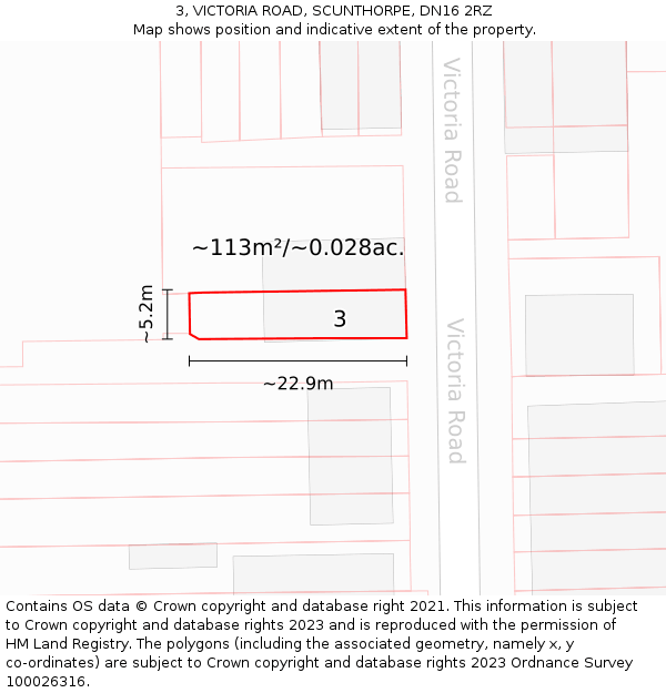 3, VICTORIA ROAD, SCUNTHORPE, DN16 2RZ: Plot and title map