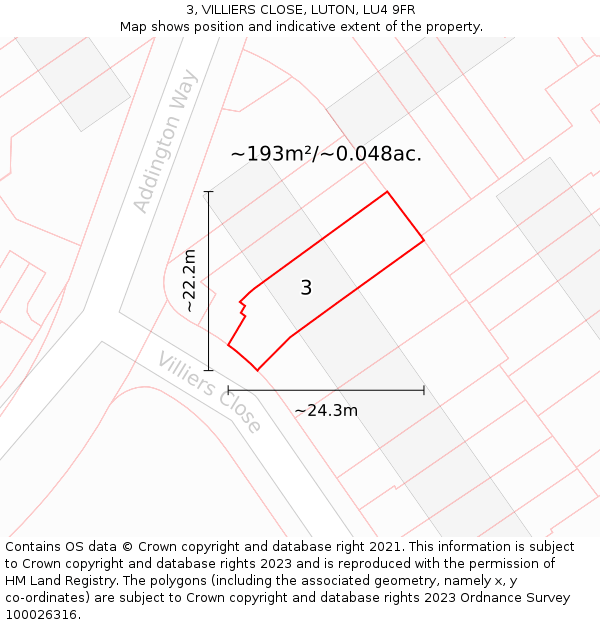 3, VILLIERS CLOSE, LUTON, LU4 9FR: Plot and title map