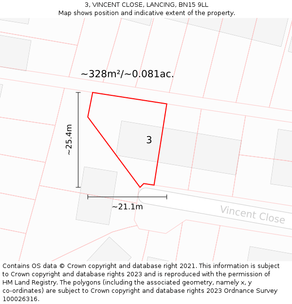 3, VINCENT CLOSE, LANCING, BN15 9LL: Plot and title map