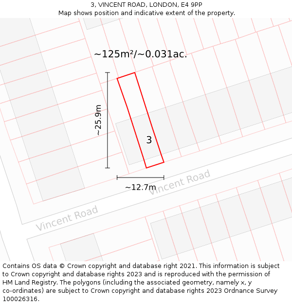 3, VINCENT ROAD, LONDON, E4 9PP: Plot and title map