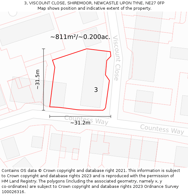 3, VISCOUNT CLOSE, SHIREMOOR, NEWCASTLE UPON TYNE, NE27 0FP: Plot and title map