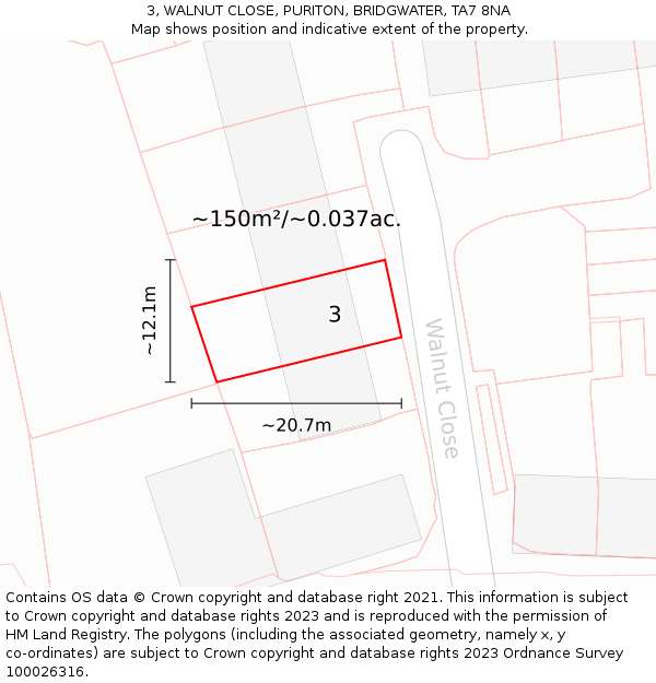 3, WALNUT CLOSE, PURITON, BRIDGWATER, TA7 8NA: Plot and title map