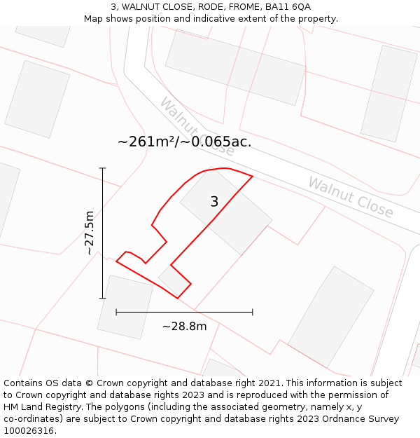 3, WALNUT CLOSE, RODE, FROME, BA11 6QA: Plot and title map