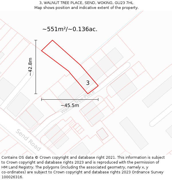 3, WALNUT TREE PLACE, SEND, WOKING, GU23 7HL: Plot and title map