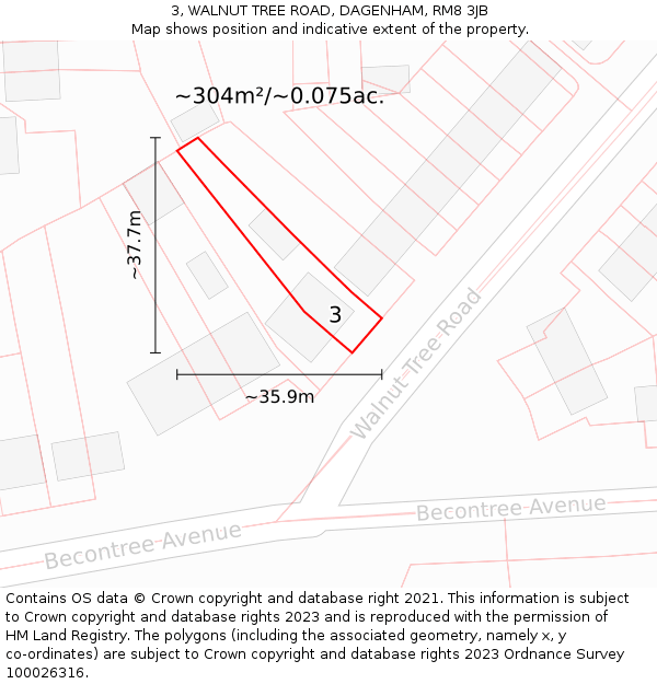 3, WALNUT TREE ROAD, DAGENHAM, RM8 3JB: Plot and title map