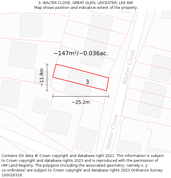 3, WALTER CLOSE, GREAT GLEN, LEICESTER, LE8 9AF: Plot and title map