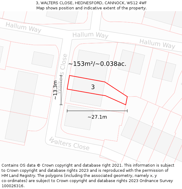 3, WALTERS CLOSE, HEDNESFORD, CANNOCK, WS12 4WF: Plot and title map