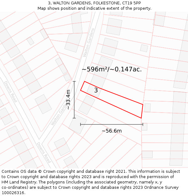 3, WALTON GARDENS, FOLKESTONE, CT19 5PP: Plot and title map