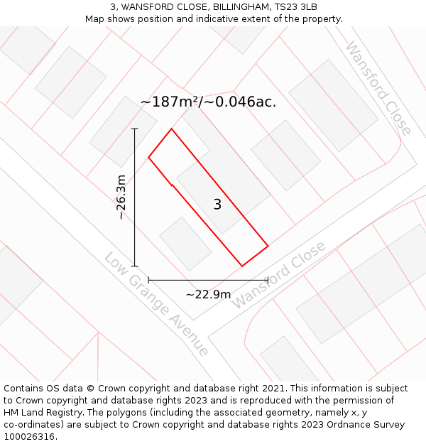 3, WANSFORD CLOSE, BILLINGHAM, TS23 3LB: Plot and title map