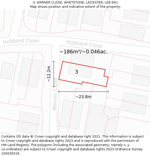 3, WARNER CLOSE, WHETSTONE, LEICESTER, LE8 6XU: Plot and title map