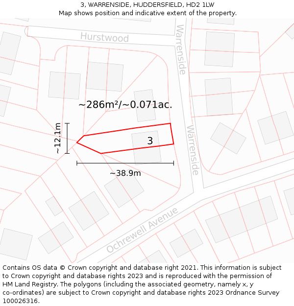 3, WARRENSIDE, HUDDERSFIELD, HD2 1LW: Plot and title map