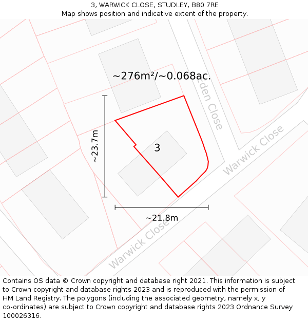 3, WARWICK CLOSE, STUDLEY, B80 7RE: Plot and title map