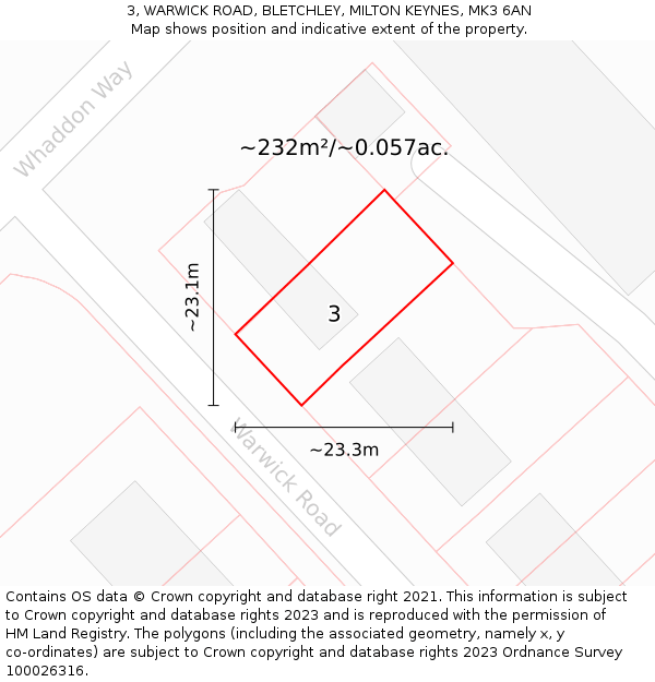 3, WARWICK ROAD, BLETCHLEY, MILTON KEYNES, MK3 6AN: Plot and title map