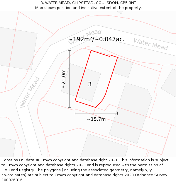 3, WATER MEAD, CHIPSTEAD, COULSDON, CR5 3NT: Plot and title map
