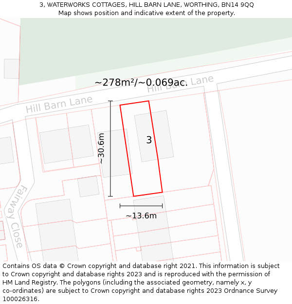 3, WATERWORKS COTTAGES, HILL BARN LANE, WORTHING, BN14 9QQ: Plot and title map