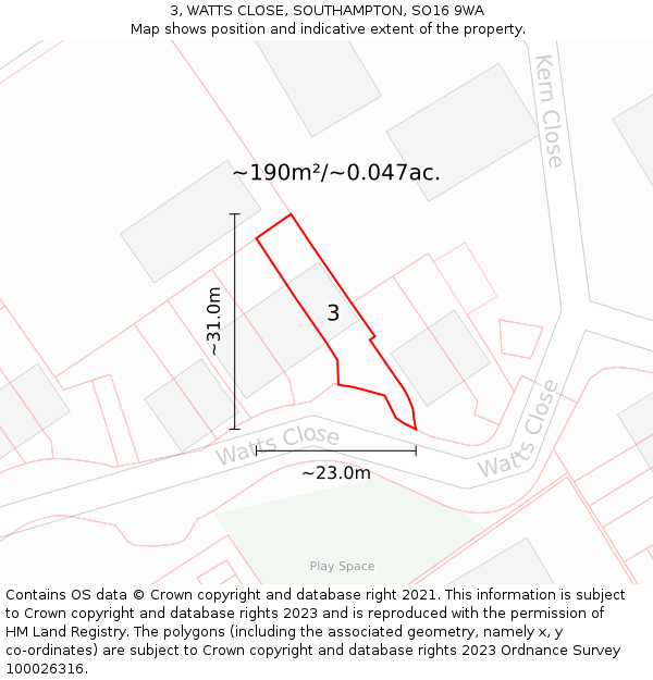 3, WATTS CLOSE, SOUTHAMPTON, SO16 9WA: Plot and title map