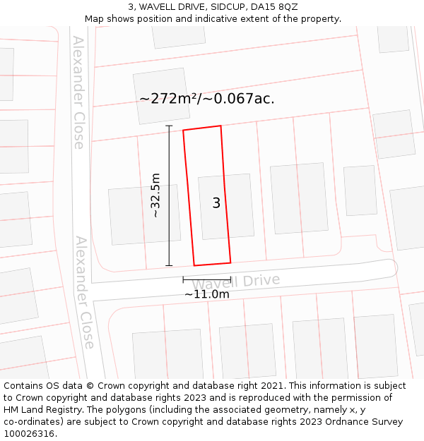 3, WAVELL DRIVE, SIDCUP, DA15 8QZ: Plot and title map