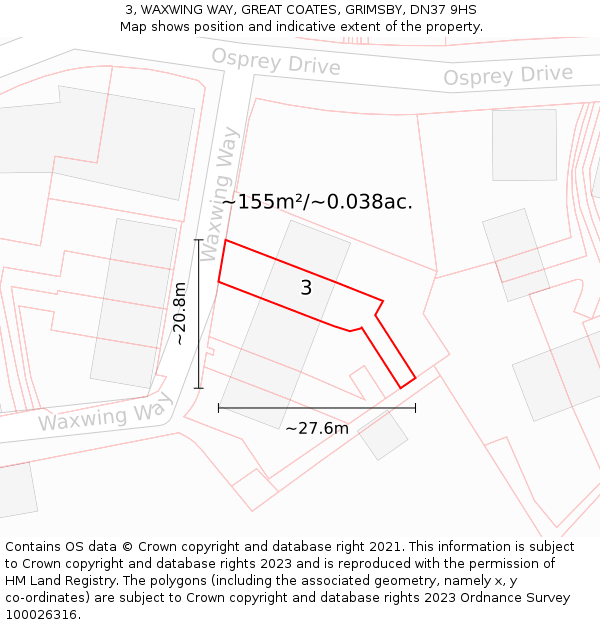3, WAXWING WAY, GREAT COATES, GRIMSBY, DN37 9HS: Plot and title map
