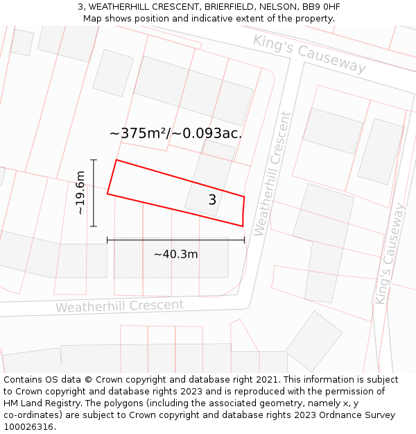 3, WEATHERHILL CRESCENT, BRIERFIELD, NELSON, BB9 0HF: Plot and title map