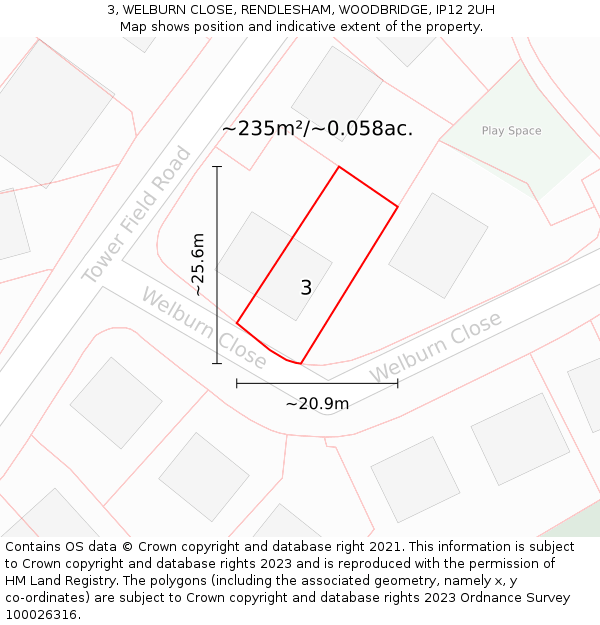 3, WELBURN CLOSE, RENDLESHAM, WOODBRIDGE, IP12 2UH: Plot and title map