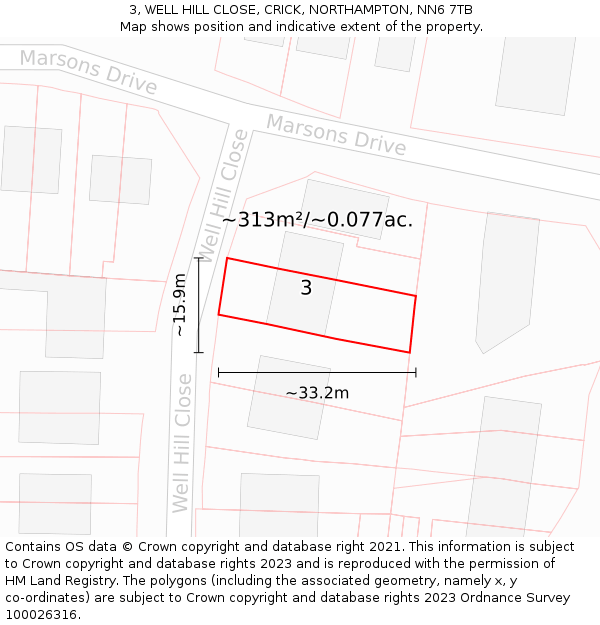 3, WELL HILL CLOSE, CRICK, NORTHAMPTON, NN6 7TB: Plot and title map