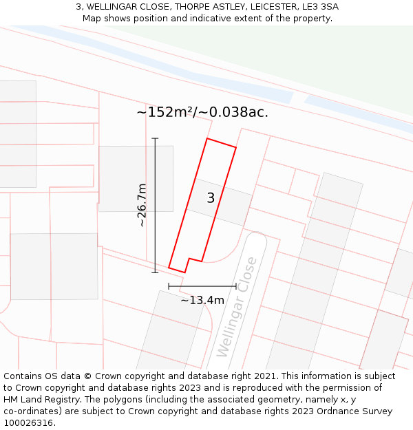 3, WELLINGAR CLOSE, THORPE ASTLEY, LEICESTER, LE3 3SA: Plot and title map