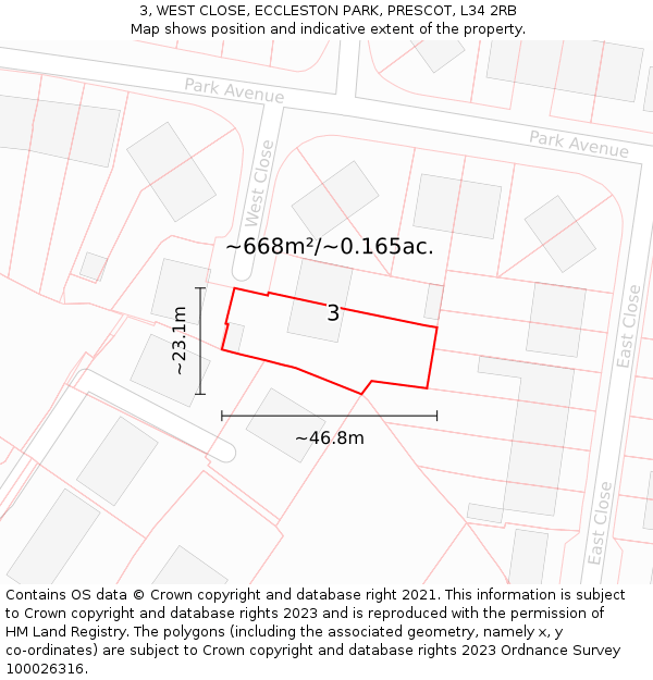 3, WEST CLOSE, ECCLESTON PARK, PRESCOT, L34 2RB: Plot and title map