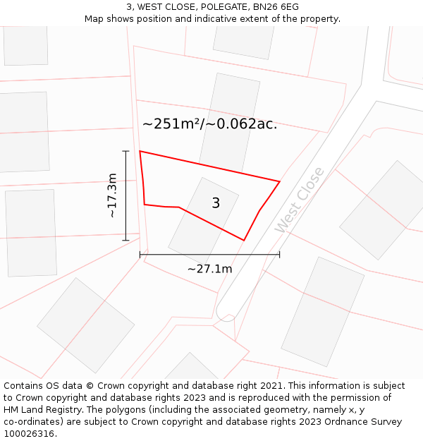 3, WEST CLOSE, POLEGATE, BN26 6EG: Plot and title map