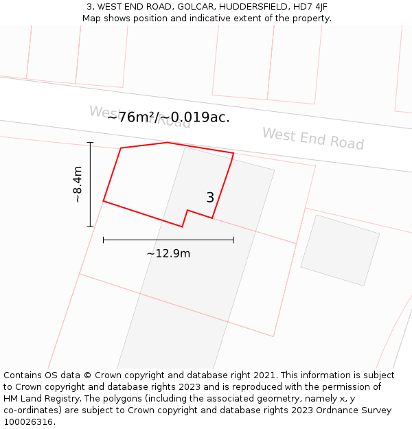 3, WEST END ROAD, GOLCAR, HUDDERSFIELD, HD7 4JF: Plot and title map