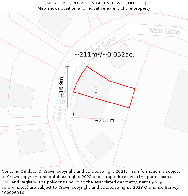 3, WEST GATE, PLUMPTON GREEN, LEWES, BN7 3BQ: Plot and title map