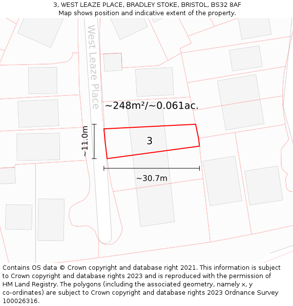 3, WEST LEAZE PLACE, BRADLEY STOKE, BRISTOL, BS32 8AF: Plot and title map