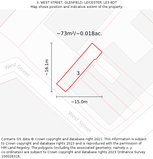3, WEST STREET, GLENFIELD, LEICESTER, LE3 8DT: Plot and title map