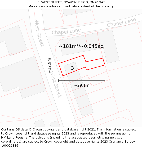 3, WEST STREET, SCAWBY, BRIGG, DN20 9AT: Plot and title map