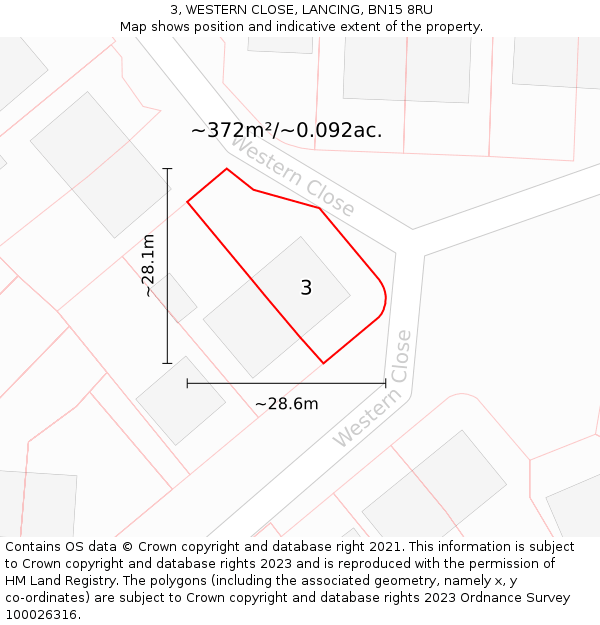 3, WESTERN CLOSE, LANCING, BN15 8RU: Plot and title map