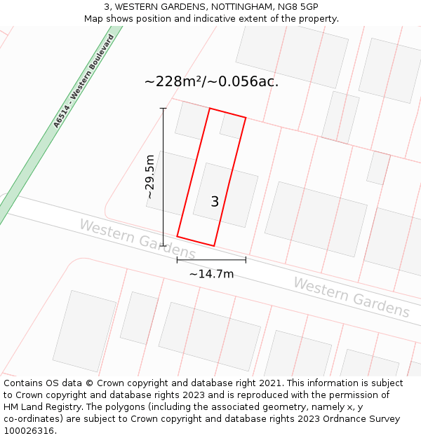 3, WESTERN GARDENS, NOTTINGHAM, NG8 5GP: Plot and title map