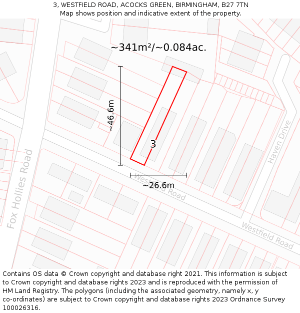 3, WESTFIELD ROAD, ACOCKS GREEN, BIRMINGHAM, B27 7TN: Plot and title map