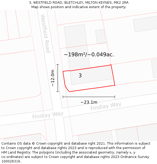 3, WESTFIELD ROAD, BLETCHLEY, MILTON KEYNES, MK2 2RA: Plot and title map